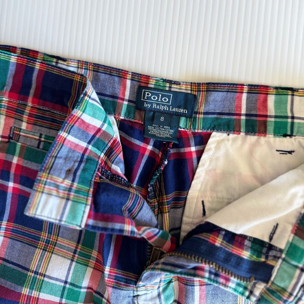 Polo Ralph Lauren Boys 8 Madras Plaid Cotton Shorts Navy Red Green Preppy Summer - Picture 4 of 12